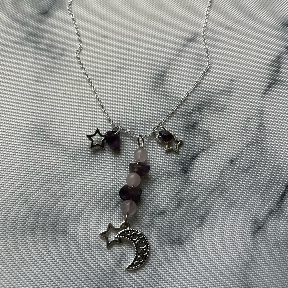 Moon and stars charm necklace with pink rose quartz and purple amethyst beads 🌙